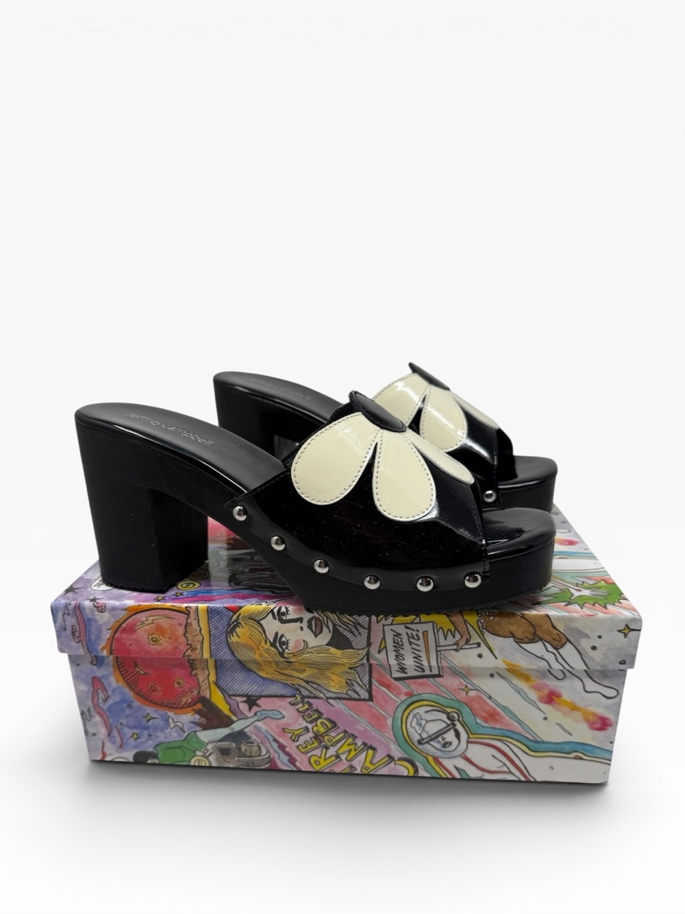 Jeffrey Campbell Amiah daisy platform black white retro mod clog sandals w box